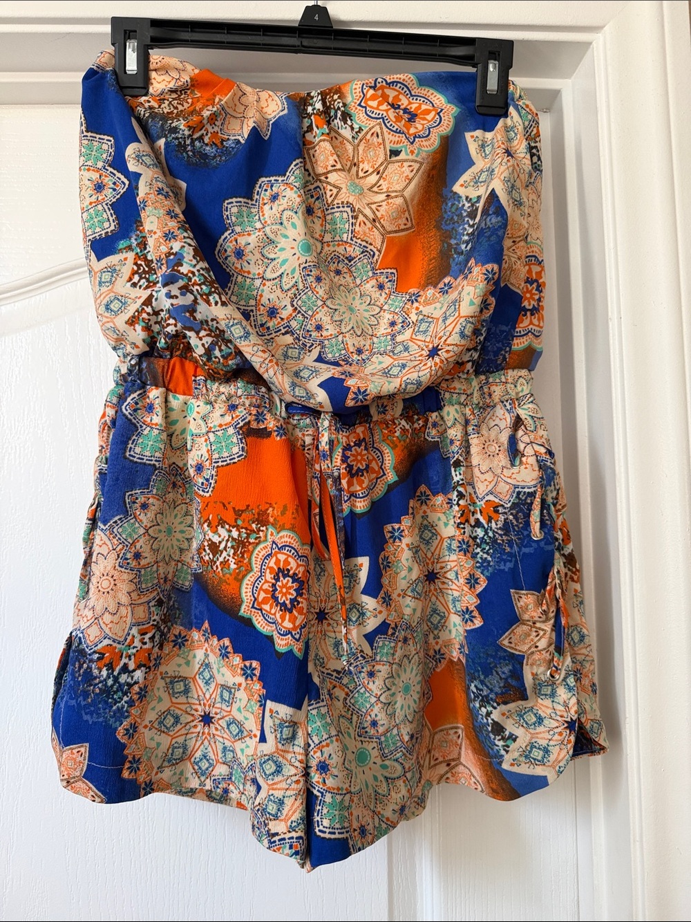TOXIK3 Strapless Floral Romper in White, Blue & Orange